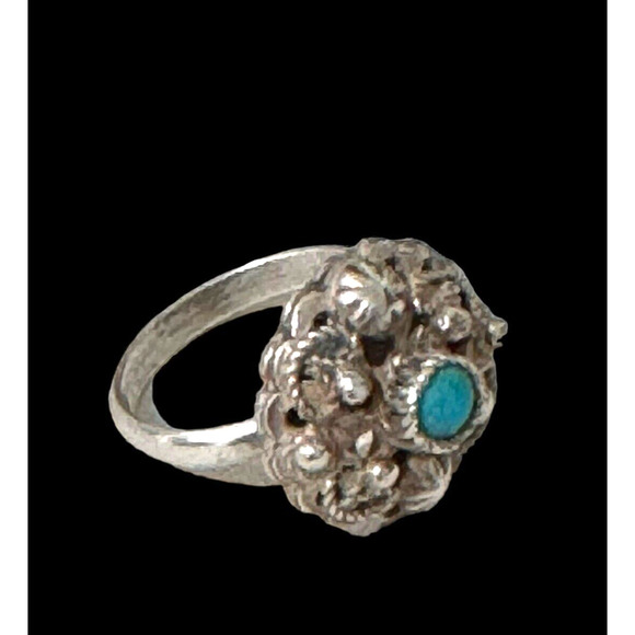 Antique Mexican Sterling Silver Filigree Flower Ring Turquoise Stone Sz 7.75 - Picture 2 of 10